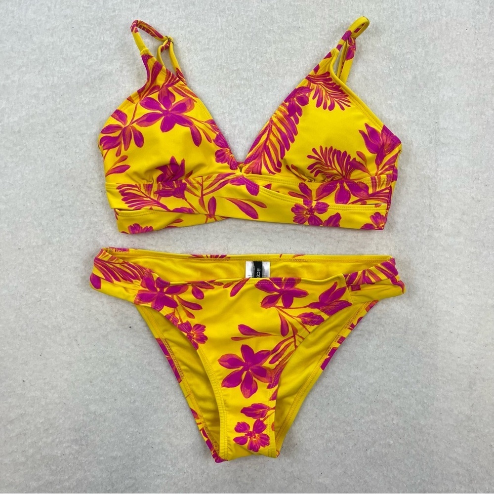 BCBG Paris Yellow and Pink Hawaiian Floral Bikini Size S/M